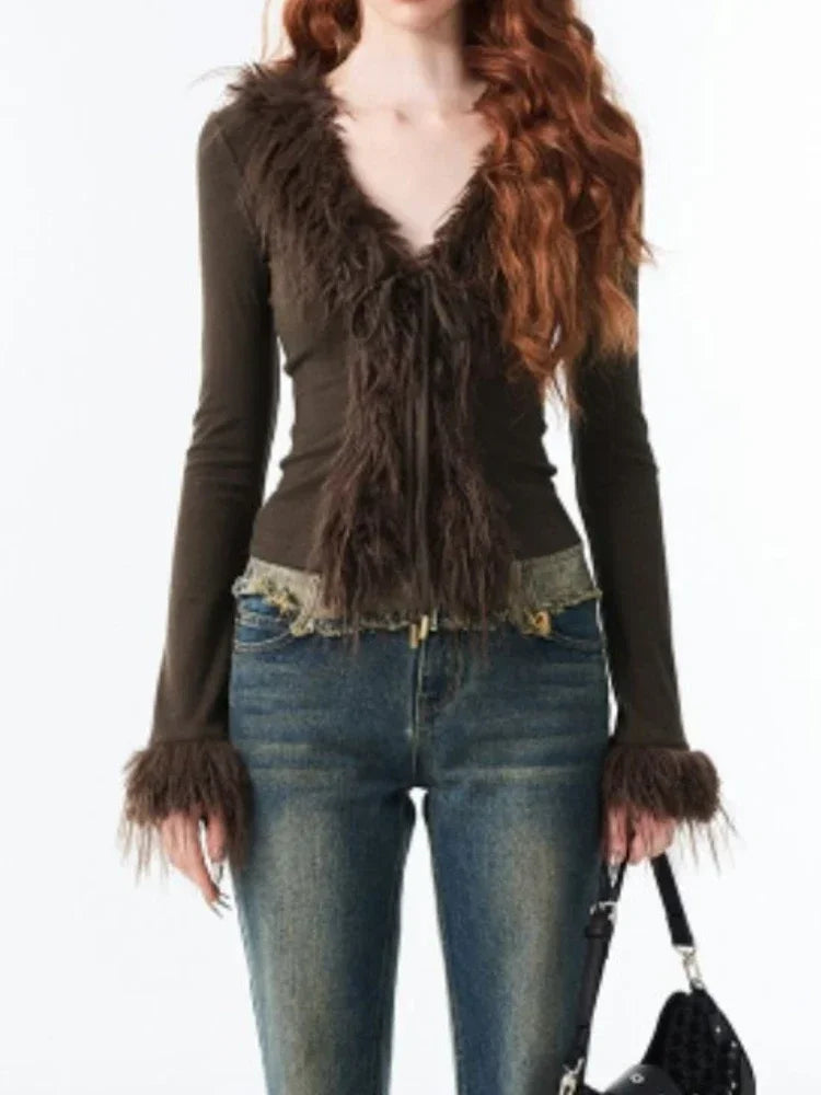V-neck Jacket Women  Cardigan Vintage Fur Patchwork Coat