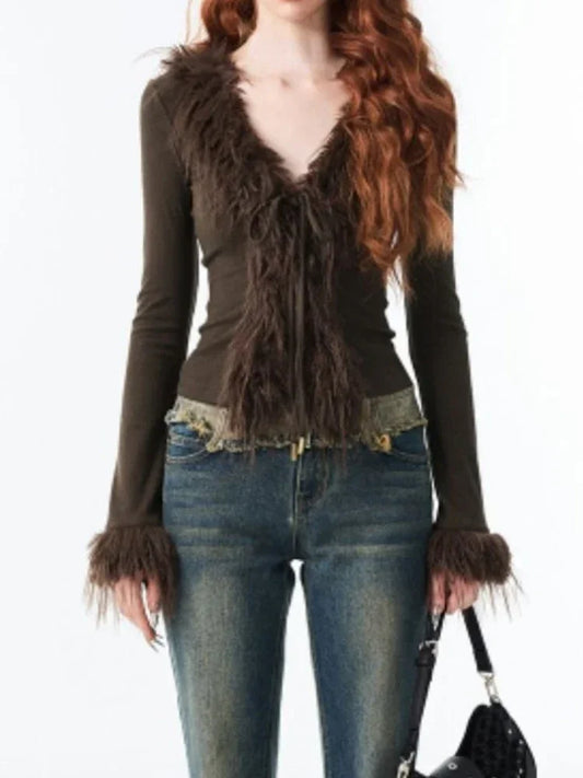 V-neck Jacket Women  Cardigan Vintage Fur Patchwork Coat