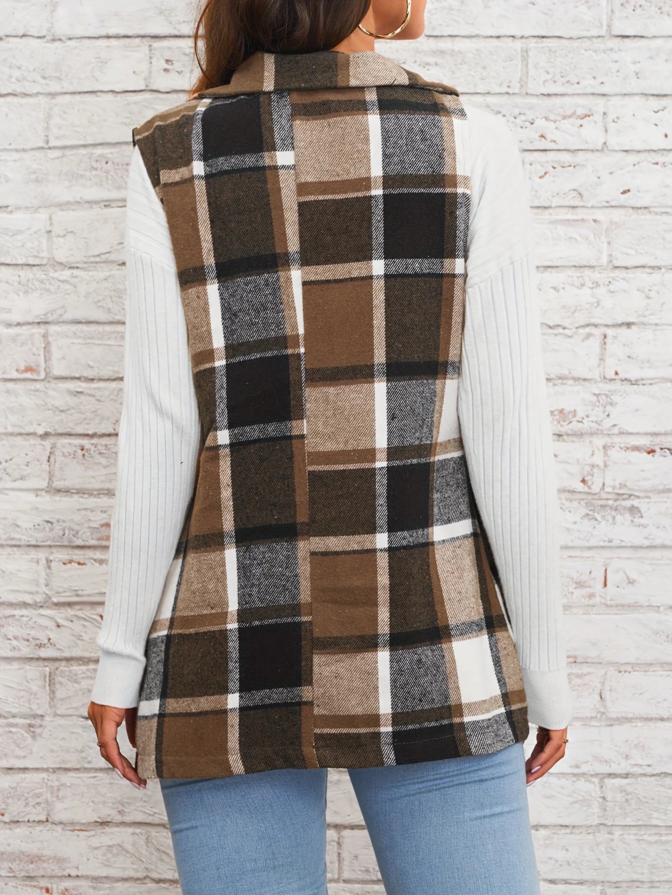 Women's elegant commuting lapel single breasted multicolored plaid spring and autumn vest