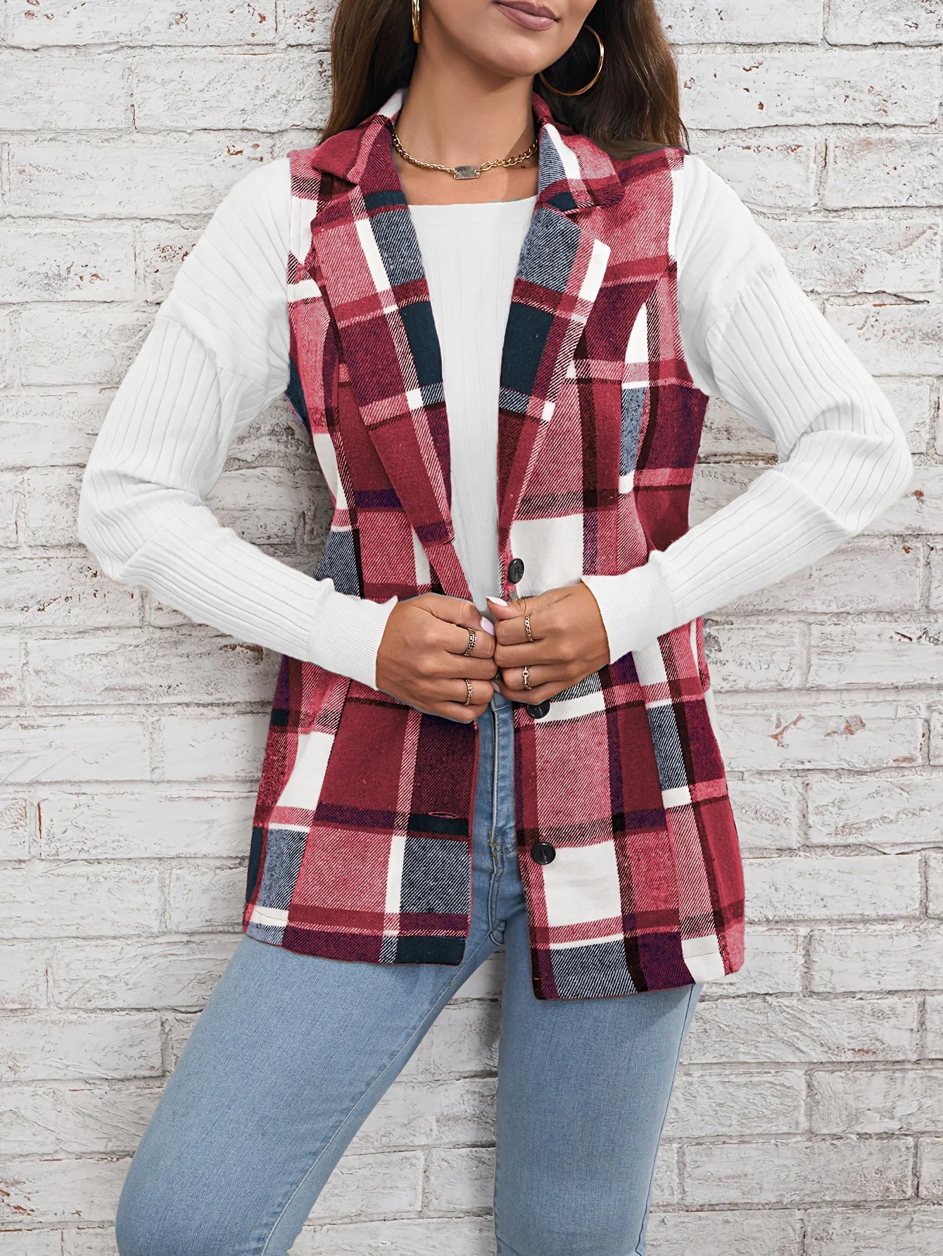 Women's elegant commuting lapel single breasted multicolored plaid spring and autumn vest