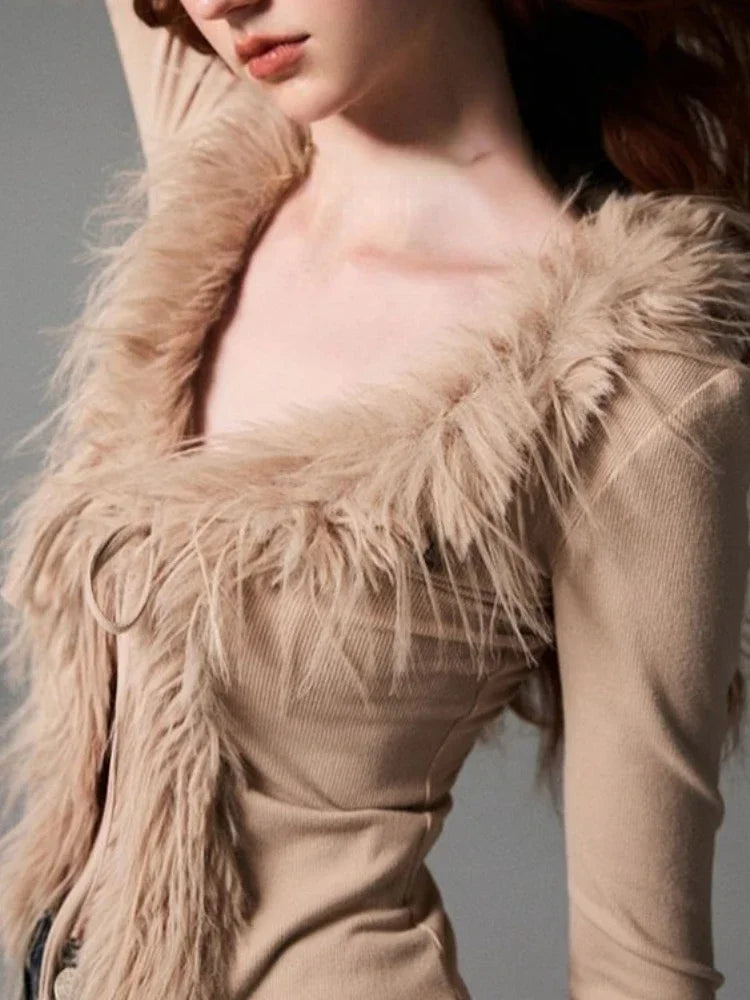 V-neck Jacket Women  Cardigan Vintage Fur Patchwork Coat