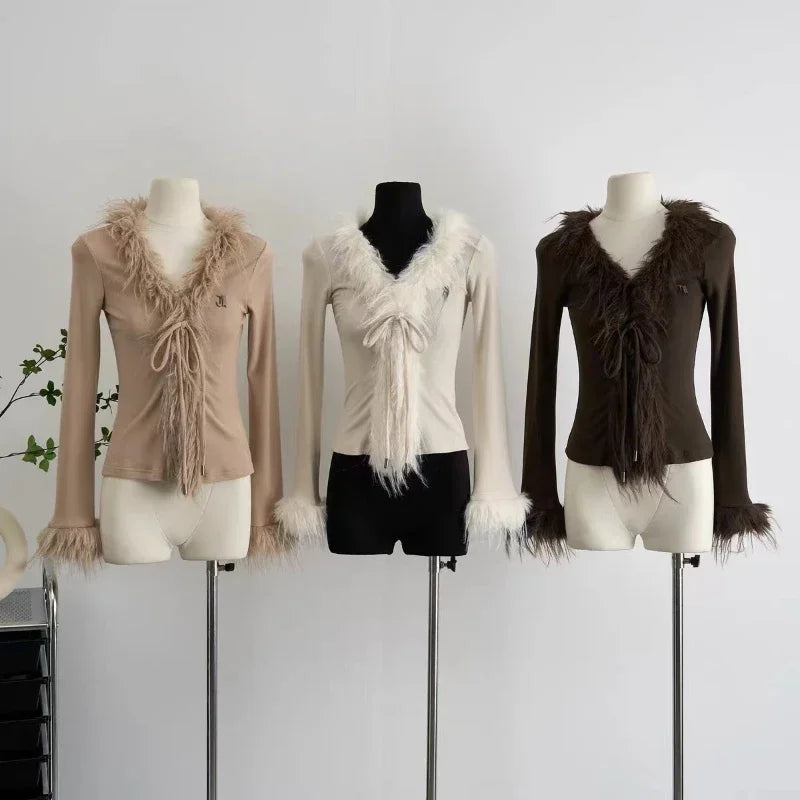 V-neck Jacket Women  Cardigan Vintage Fur Patchwork Coat