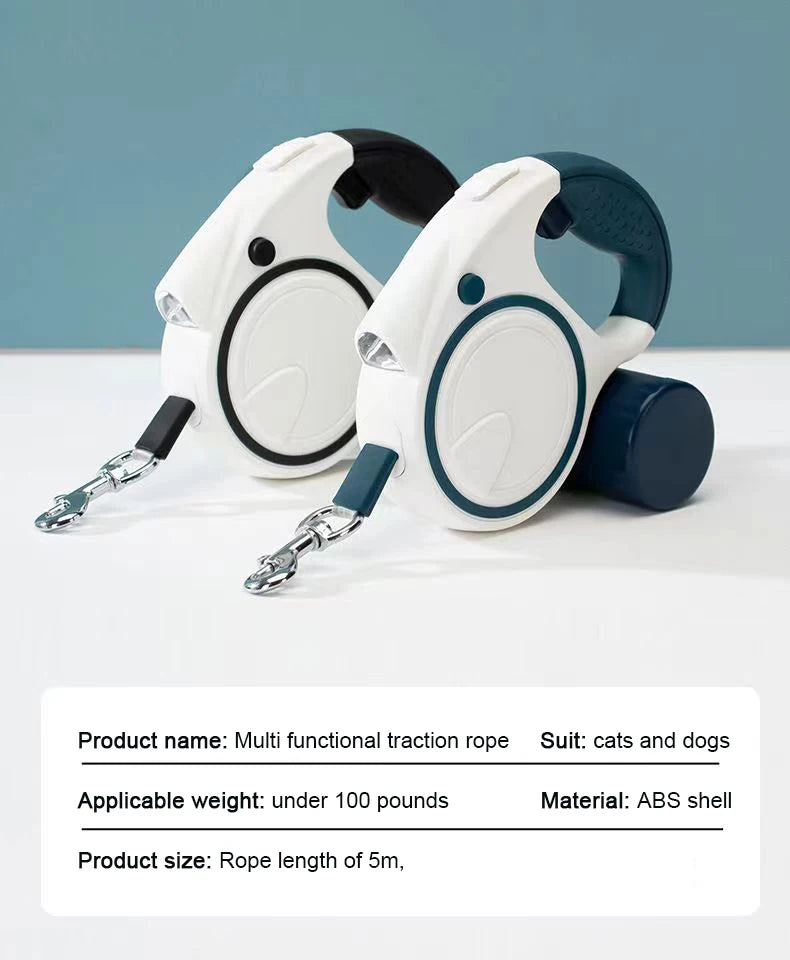 5m Nylon Dog Leash Automatic Retractable Multi Functional Pet Leash for Dogs Flashlight Poop Dispenser Dog Leashes 3 In 1