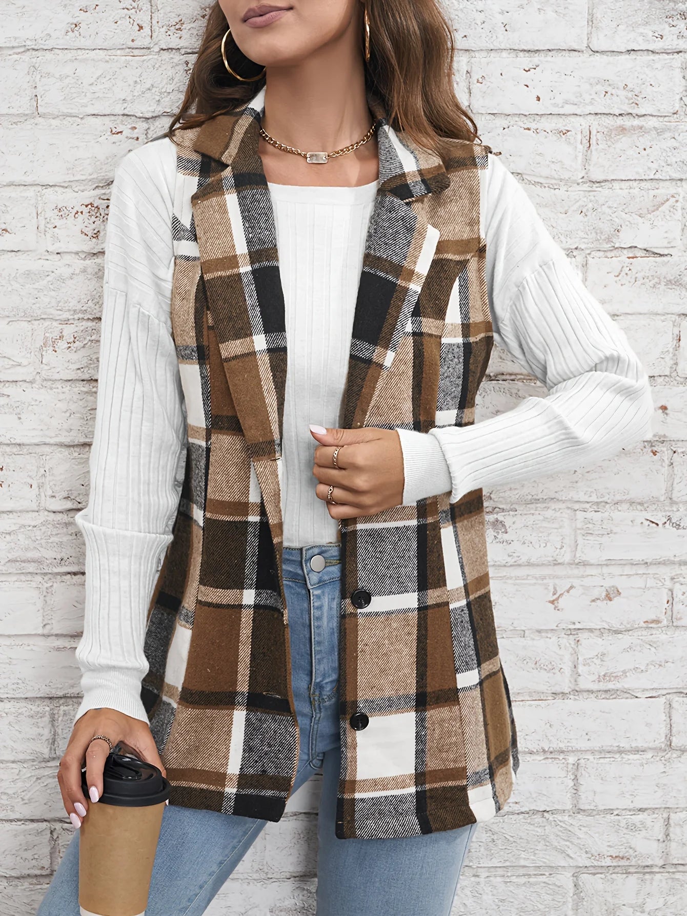 Women's elegant commuting lapel single breasted multicolored plaid spring and autumn vest