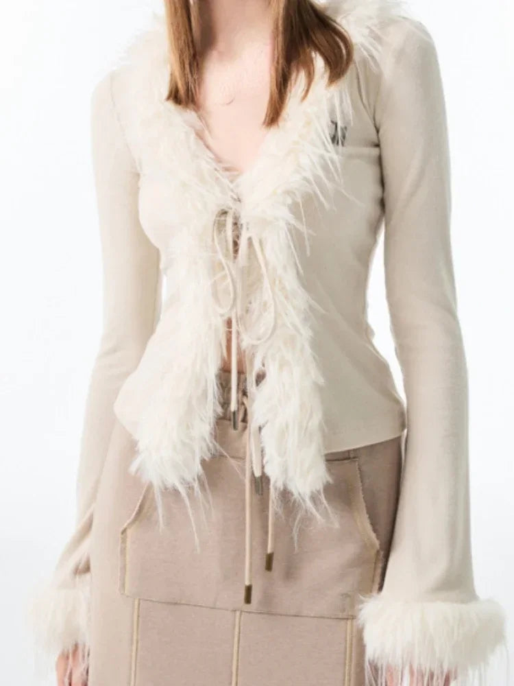 V-neck Jacket Women  Cardigan Vintage Fur Patchwork Coat