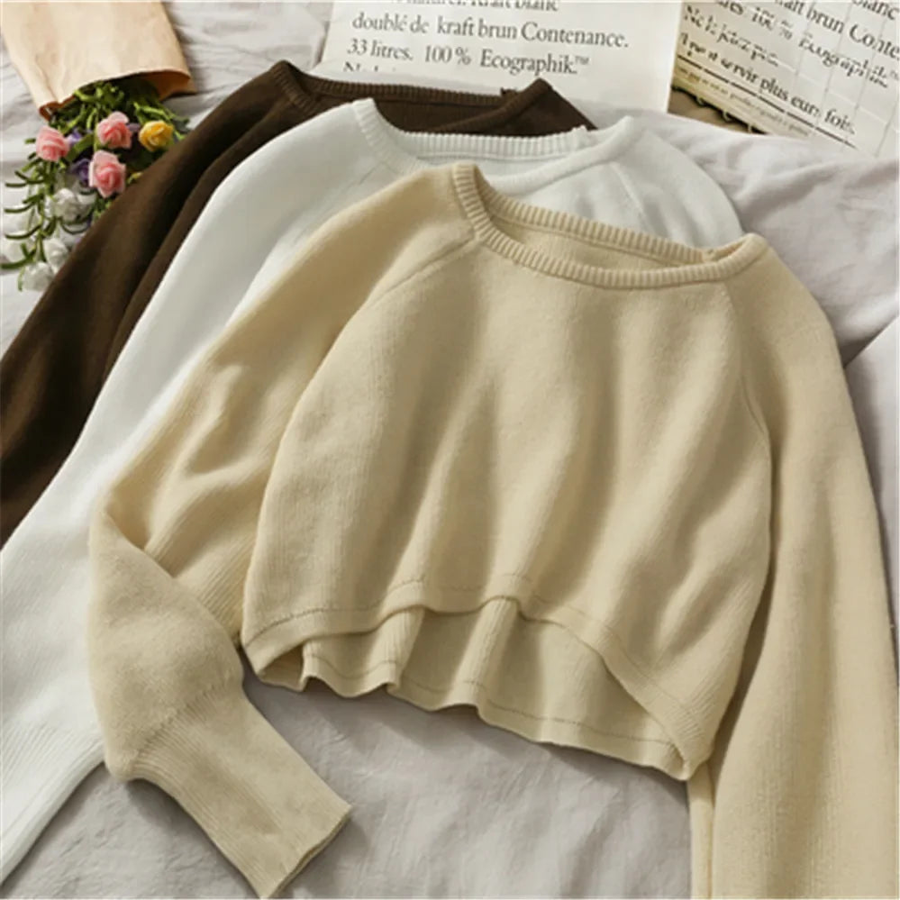 2024  Knitwear Soft New Pullovers Women O-neck Cropped Tops Autumn Winter Casual Loose Sweater