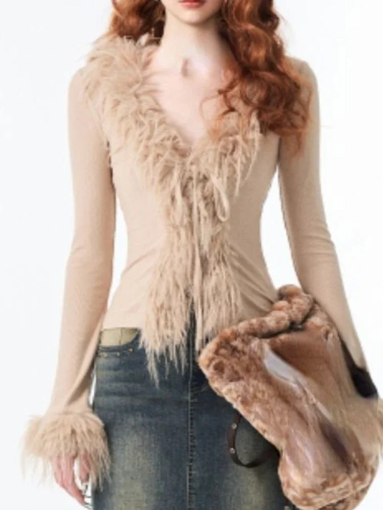 V-neck Jacket Women  Cardigan Vintage Fur Patchwork Coat
