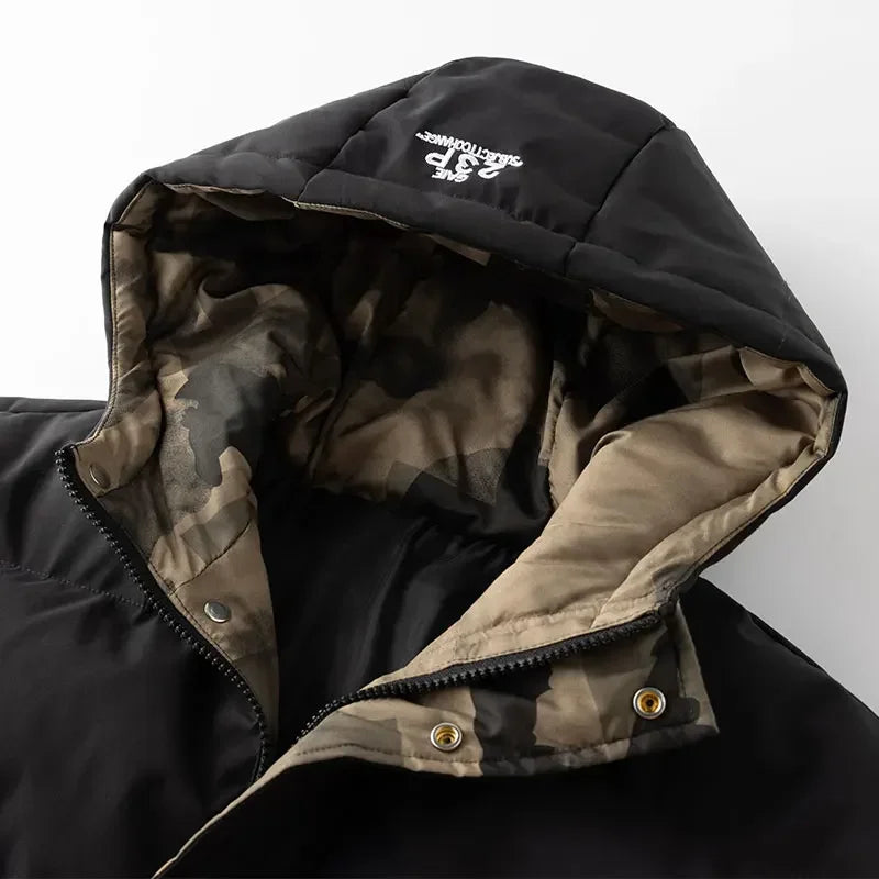 Men's Cotton Clothing Autumn and Winter New Color-block Windproof Warm Loose Outdoor Camping Hooded Coat Men's Fashion Jacket